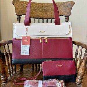 Lovevook Laptop Tote Burgundy, White  & Black Tote with Matching Wristlet